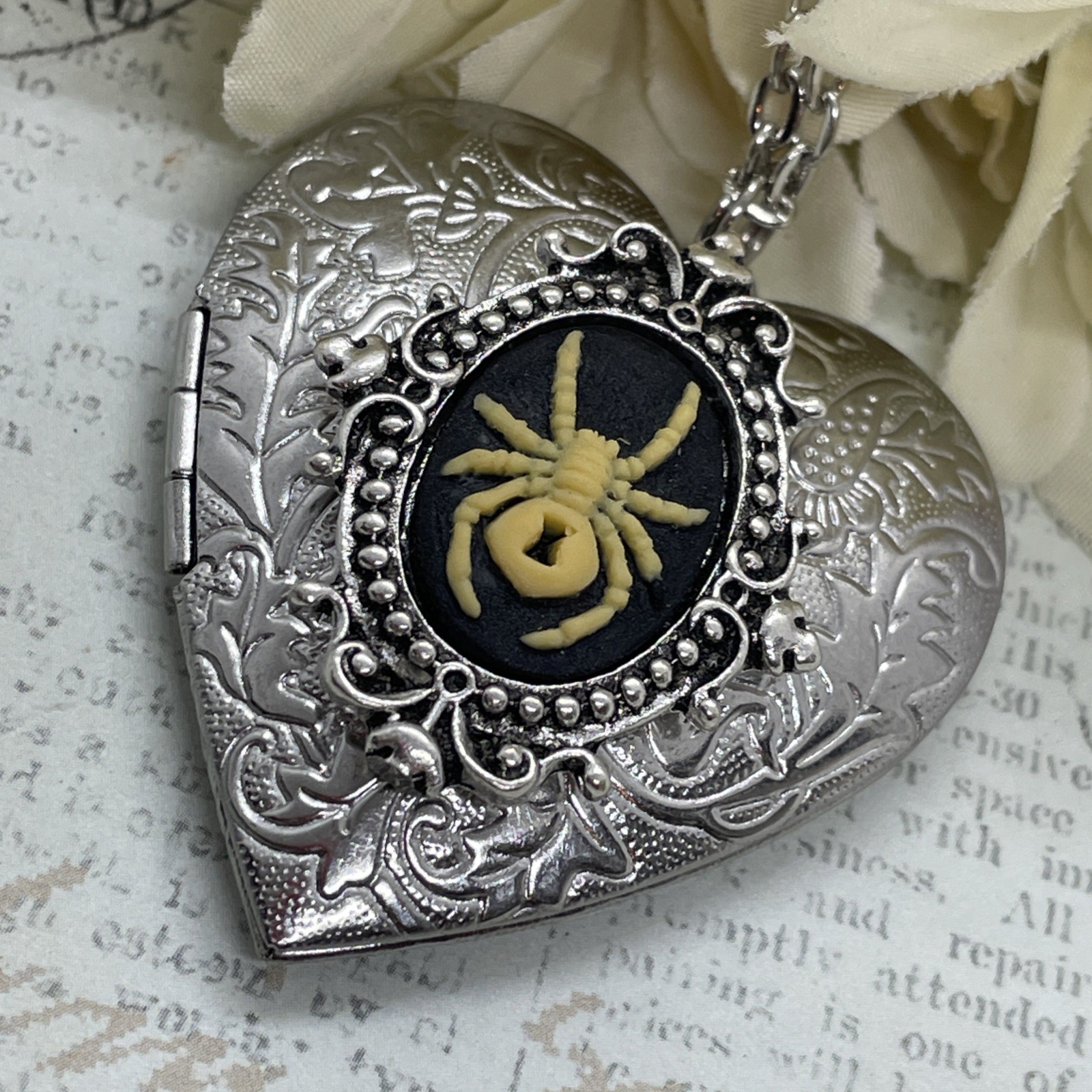 Heart Silver Locket Gothic Necklace Photo SPIDER Gothic Black Widow Cameo Witch