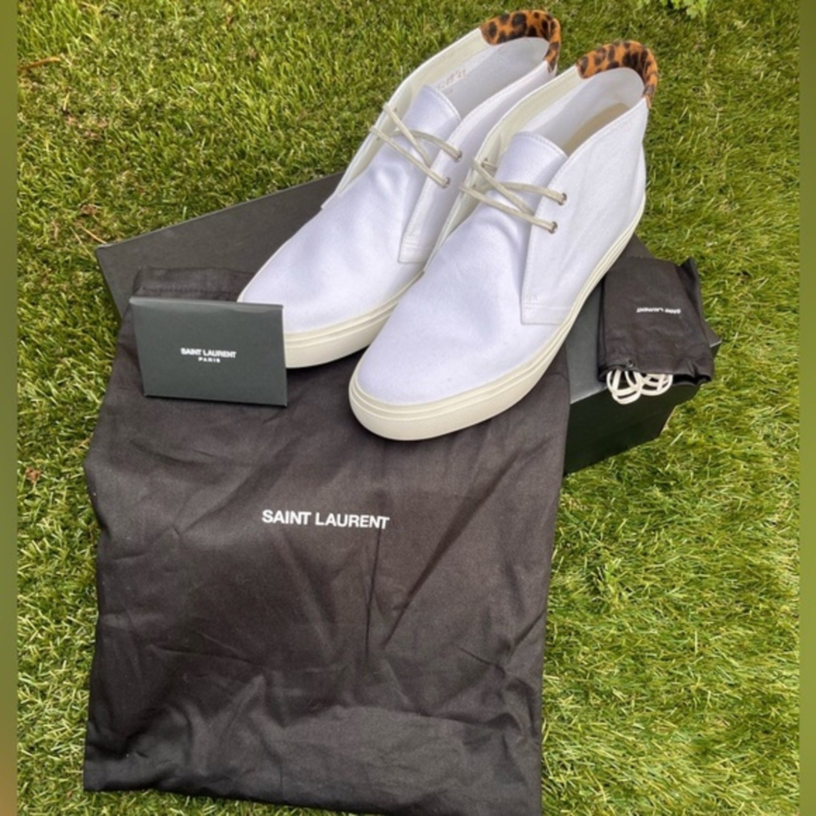 Saint Laurent Paris Ace Mid Top Sneaker White Canvas Suede Leopard New 41