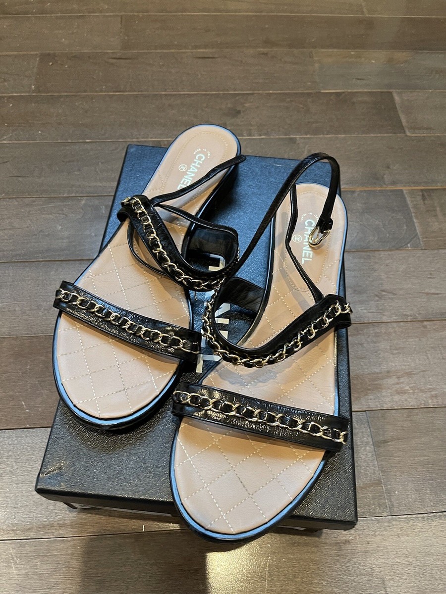 Authentic CHANEL Low Heel Strap Leather Chain Sandals, Black Color