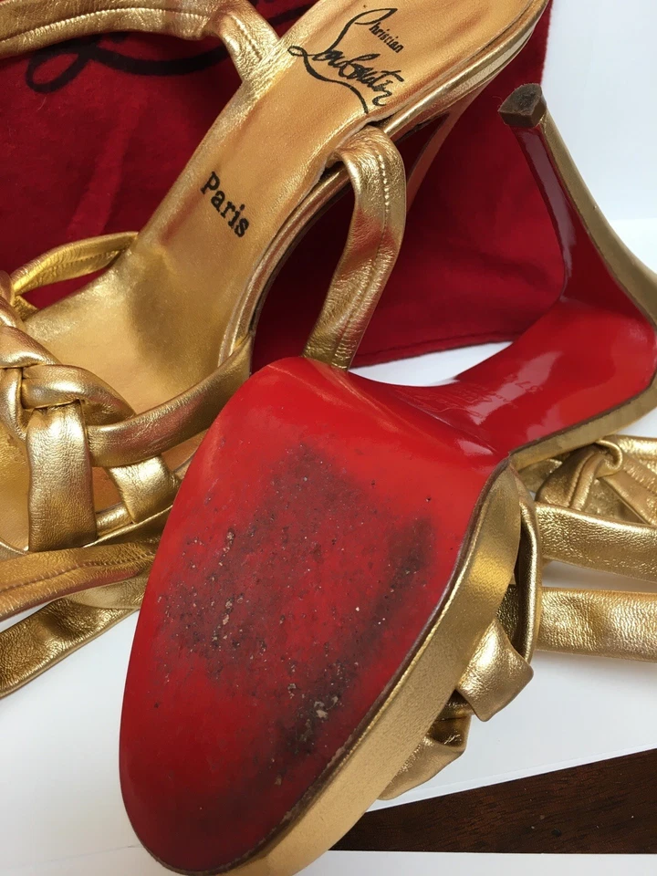 Sandalias de aguja Christian Louboutin de cuero dorado con encaje envolvente IT 37.5~ funcionan pequeñas Foto 4 de 4