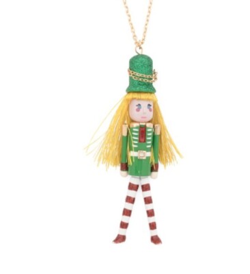 Betsey Johnson Necklace Crystals Gold Tone Holiday Girl Nutcracker Pendant Green