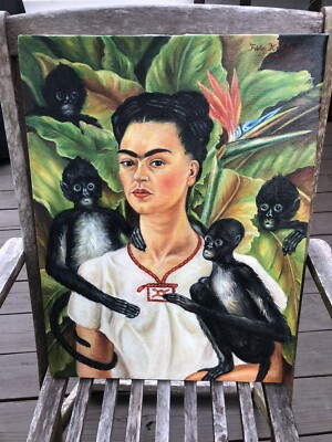 Mexican Outsider Folk Artist Frida Kahlo self-portrait large oil on canvas
