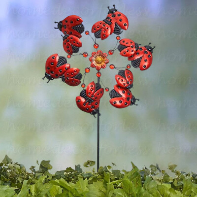 Colorful Metallic Ladybug Jeweled Garden Wind Spinner Stake Yard