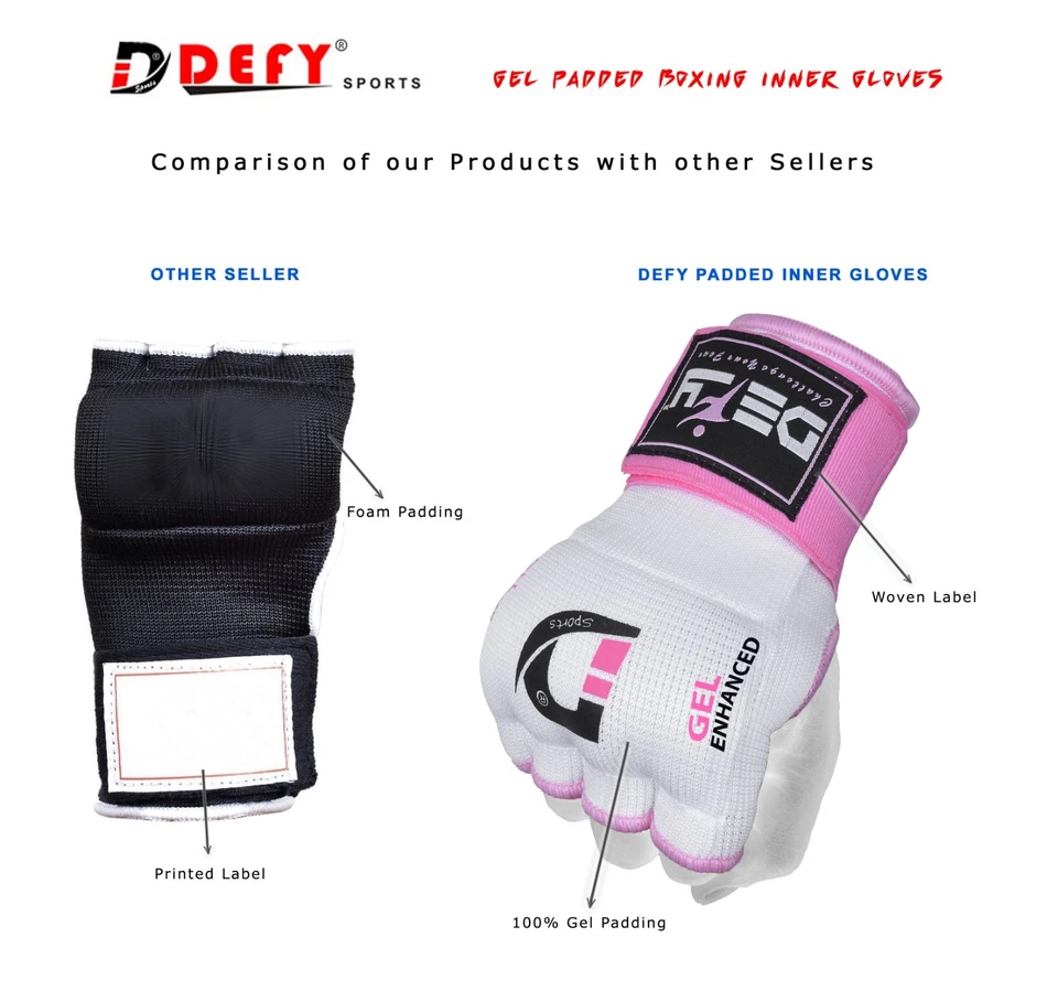 DEFY™ Gel Padded Inner Gloves with Hand Wraps MMA Muay Thai Boxing Fight PAIR  - Image 3 of 4