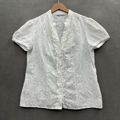 Fred David Women s Large Ruffle Front White Button Up Semi Sheer Blouse