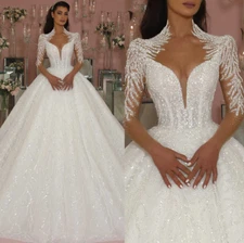 Elegant A-Line Women Wedding Dress V Neck Long Sleeves Bridal Gowns Sequins