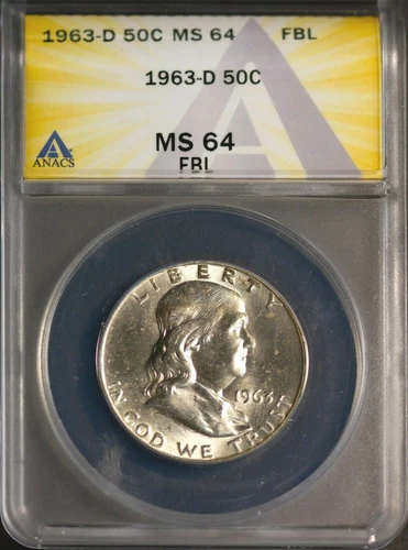 1963-D 50C Silver Franklin Head Half-dollar MS 64 FBL ANACS # 7230277 + Bonus