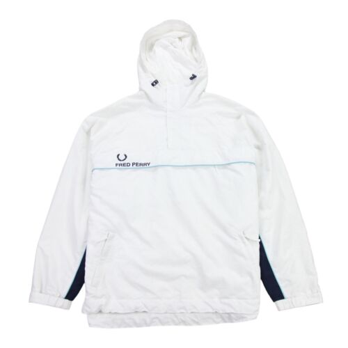 Fred Perry Sportswear Smock Jacket Mens Large L White Navy Hooded Overhead Coat - Afbeelding 1 van 11