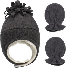 Baby Boys Girls Warm Fleece Hat & Mittens Sherpa Lined Toddler Dark Grey 0-18MTS