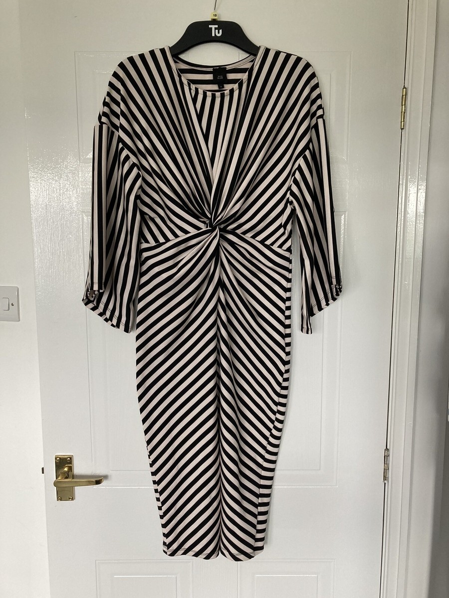 River Island Black White Striped Twist Front Dress Size 10