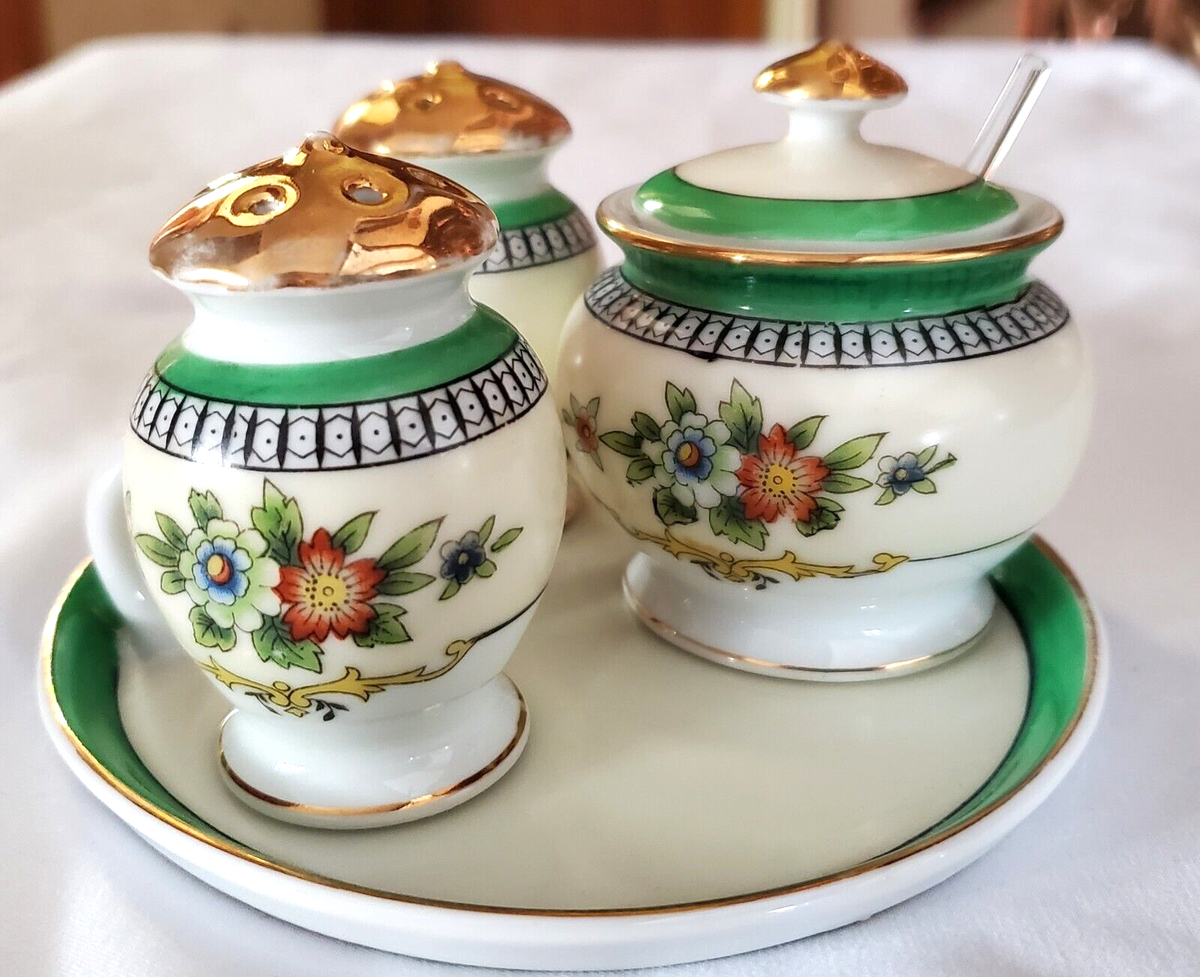 NORITAKE ROSEARA 6 pc Salt/Pepper/Mustard & Tray Set With Spoon