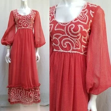 Vintage 70’s ROMANTICA by VICTOR COSTA Red White Swiss Dot Embroidered DRESS -XS