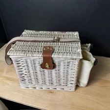 NEW Brown Wicker Picnic Time Picnic Basket w Red & White check w wine glasses