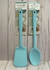 Silicone Solid Turner Spatula and Large Spoon Set of 2 Teal Kitchen Utensils NEW