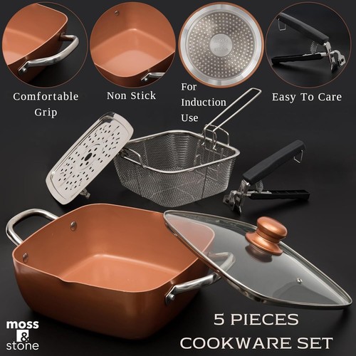 Moss & Stone Copper 5 Piece Set Chef Cookware, 9.5” Non Stick Pan, Deep Squar... - Picture 2 of 9