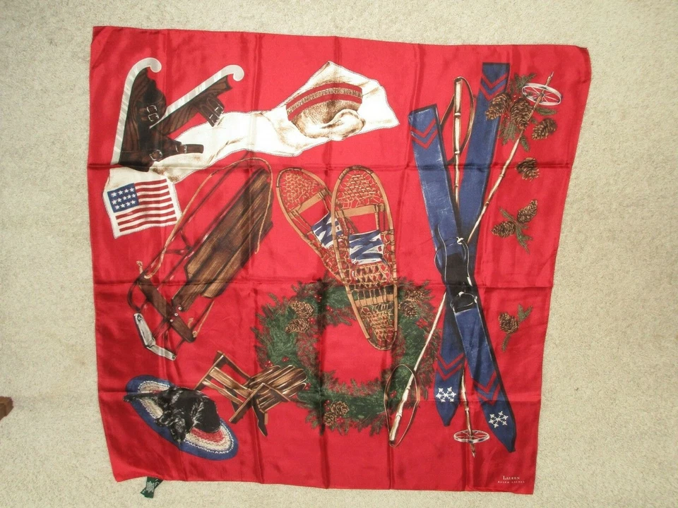De Colección Ralph Lauren Bufanda de Seda Roja Navidad Vacaciones Esquiadores Invierno 35" Grande Cuadrado RARO Foto 3 de 4