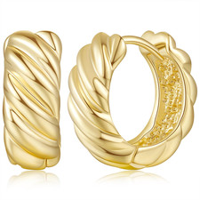 14K Gold Hoop Earrings Twisted Thick Small Hoops Hinged Snap Back Women Gift