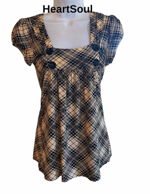 HeartSoul Women's Small Beige Black Plaid Square Neck Jumper pinafore Blouse