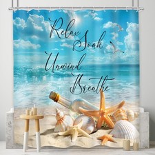 Beach Ocean Coastal Shower Curtain 72Wx72H Blue Beachy Tropical Quotes Satrfi...