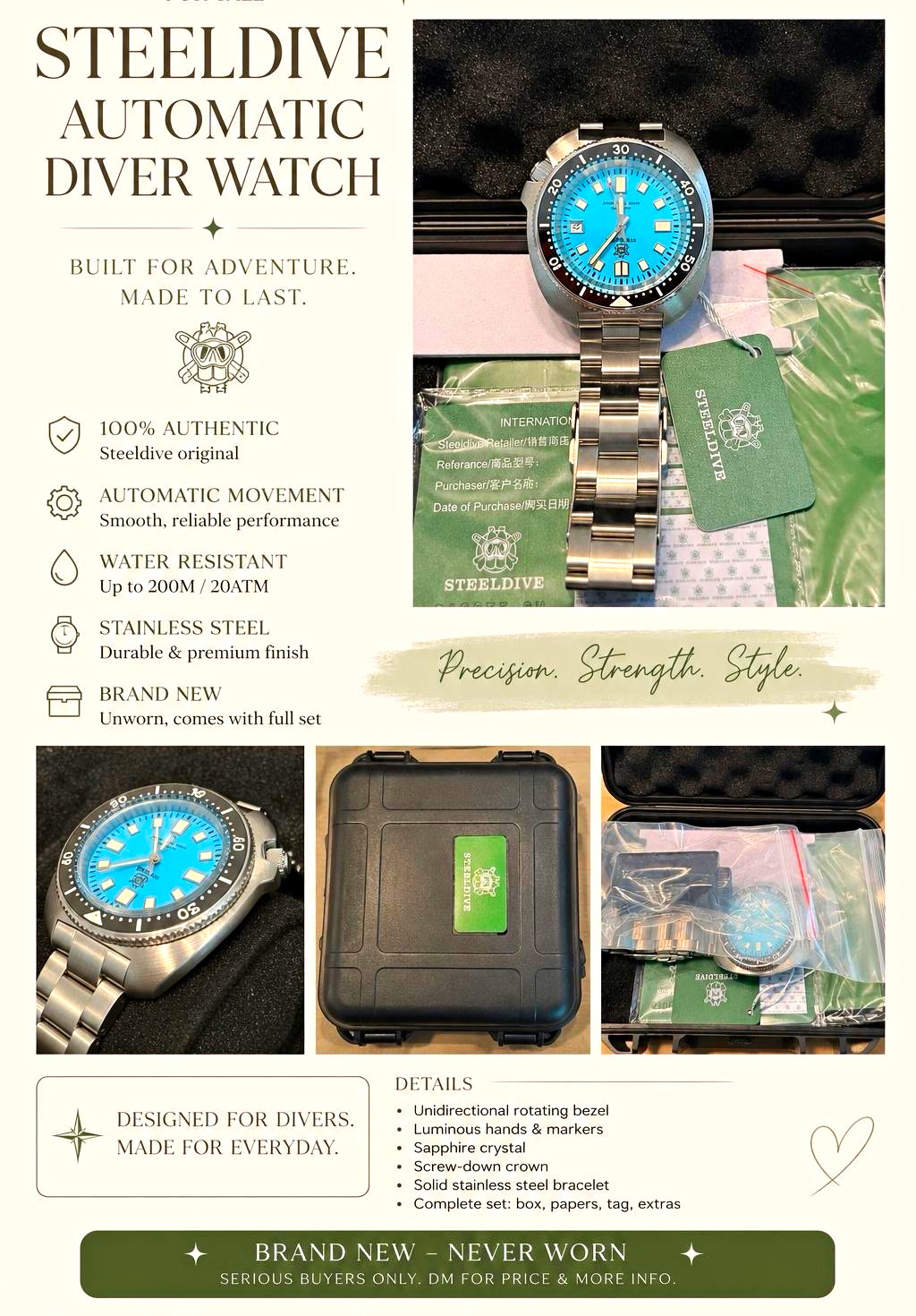 STEELDIVE Automatic Diver Watch 200m Sapphire Blue Dial 44mm Steel Box