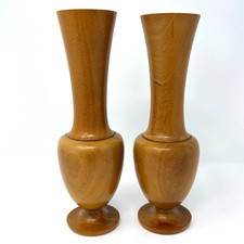 2 Vintage Hand Turned Wood Bud Flower Vases Made in Mexico 8 Tall Decor