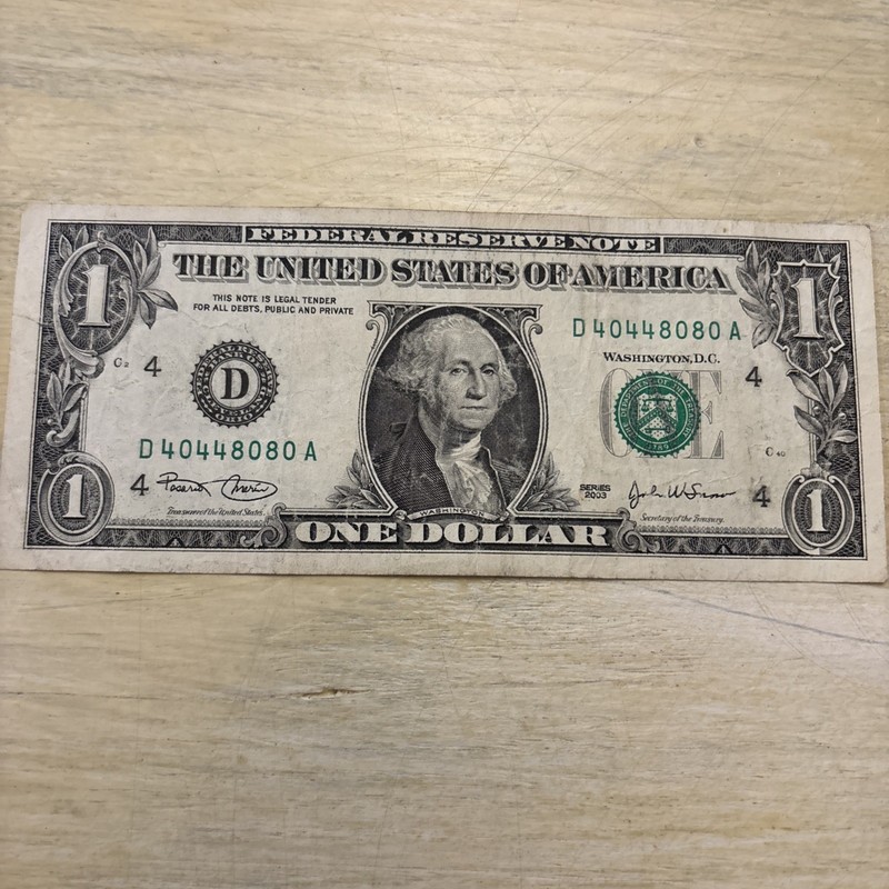 Trinary Fancy Serial Number One Dollar Bill, D 40448080 A  2003