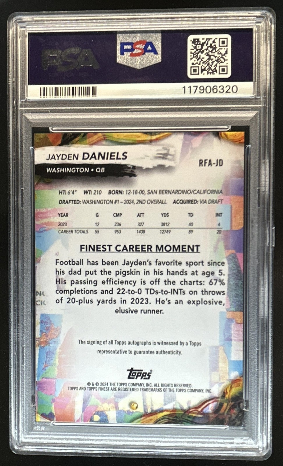 2024 Topps Finest Jayden Daniels Auto RC #RFA-JD Commanders PSA 9 Rookie view 2