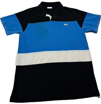 Lacoste Men'S Block Stripe Black Blue White Polo Shirt  Short Sleeve Size 4