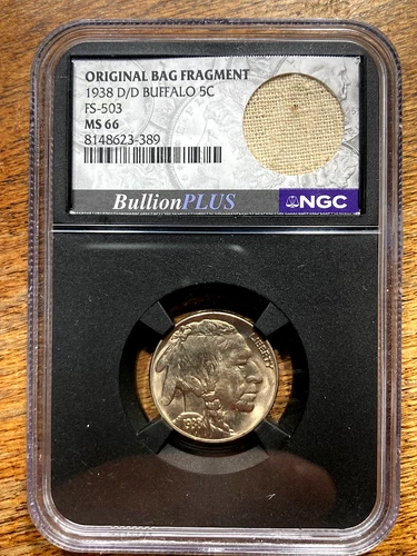 1938-D/D Buffalo Nickel, MS-66 NGC Certified Graded Coin, Original Bag Fragment!