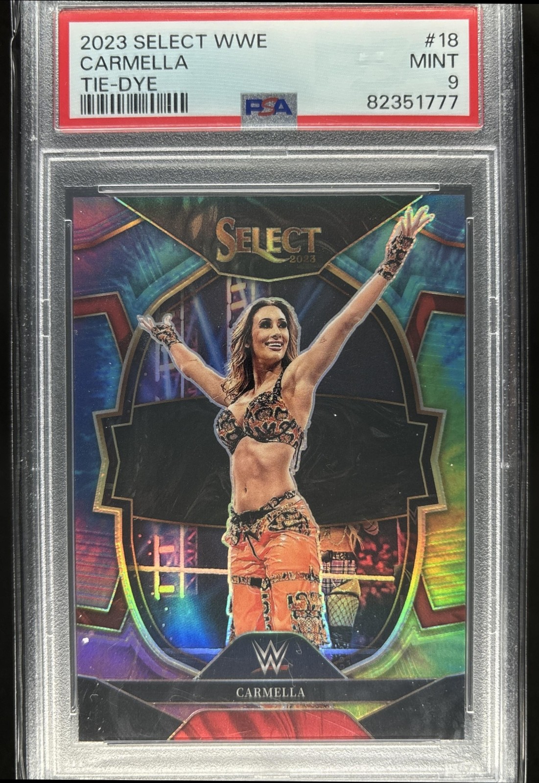 Carmella 2023 Panini Select WWE Tie Dye Prizm Concourse /25 PSA 9 view 1