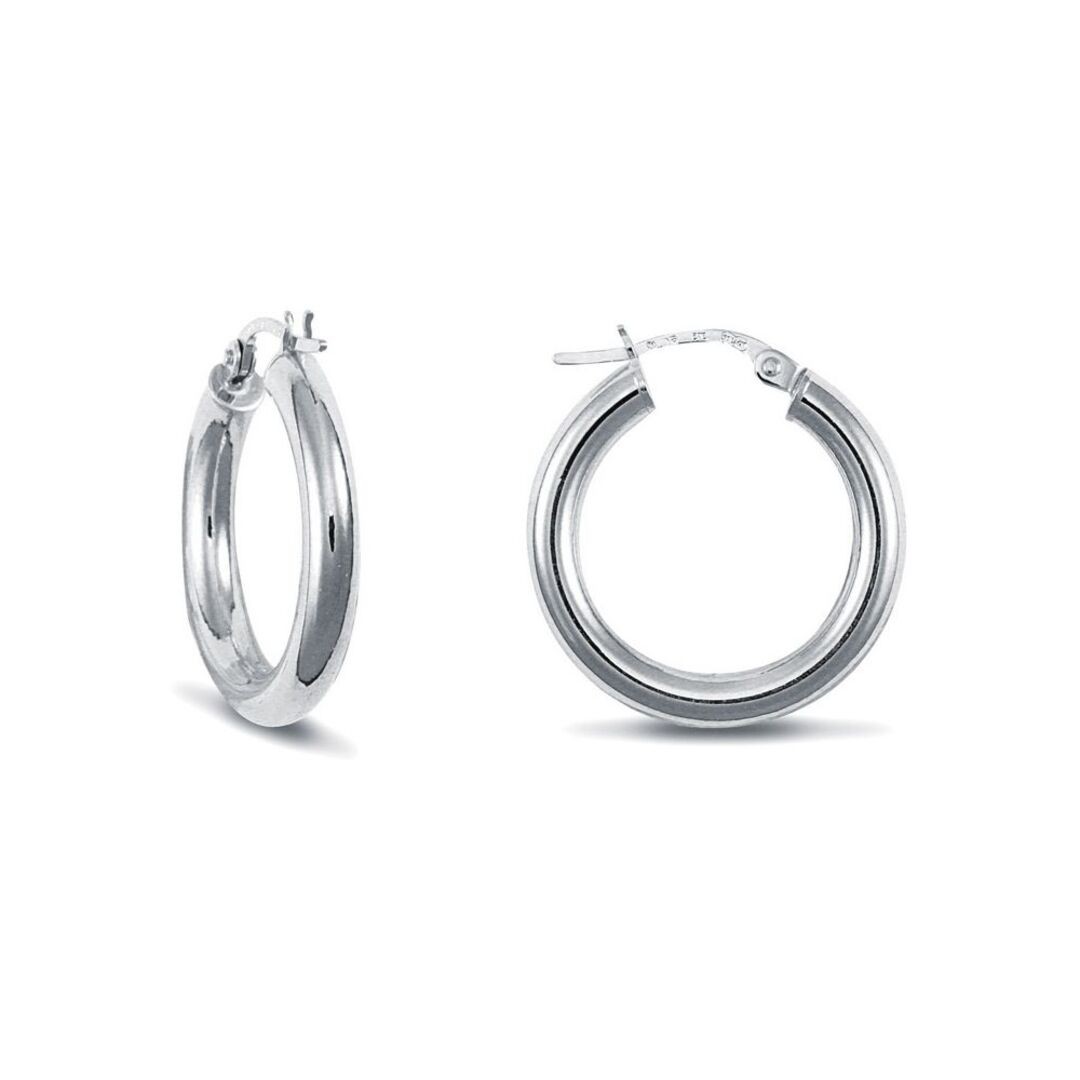 Ladies 9ct White Gold Jewelco London Polished 3mm Hoop Earrings 20mm