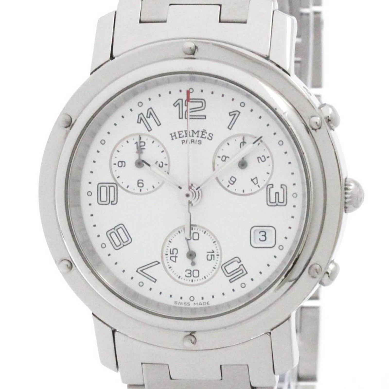 HERMÈS Clipper Chronograph CL1.910 White Dial Quartz Men's Watch w/ Box
