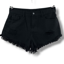 SHEIN Women's Black Denim Shorts Size L Distressed High Waisted Ripped Frayed