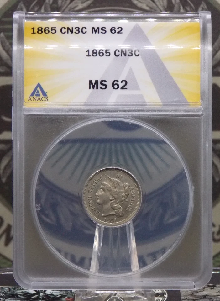 1865 Three Cent Nickel Piece *OBSOLETE* 3CS ANACS MS62 #422 Unc ECC&C, Inc. - Image 3 of 4