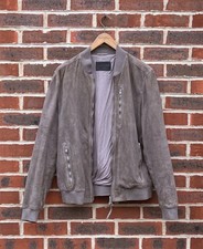 All Saints Mens KEMBLE Suede Bomber Jacket LARGE Grey Allsaints Biker Leather