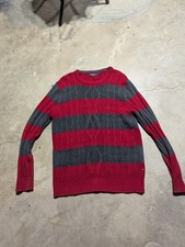 Nautica Unisex Red/Charcoal Cotton Striped Cable Knit Sweater Size XL