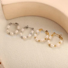 Genuine Natural White Freshwater Rice Pearl Dangle Stud Hoop Earrings 5-6mm