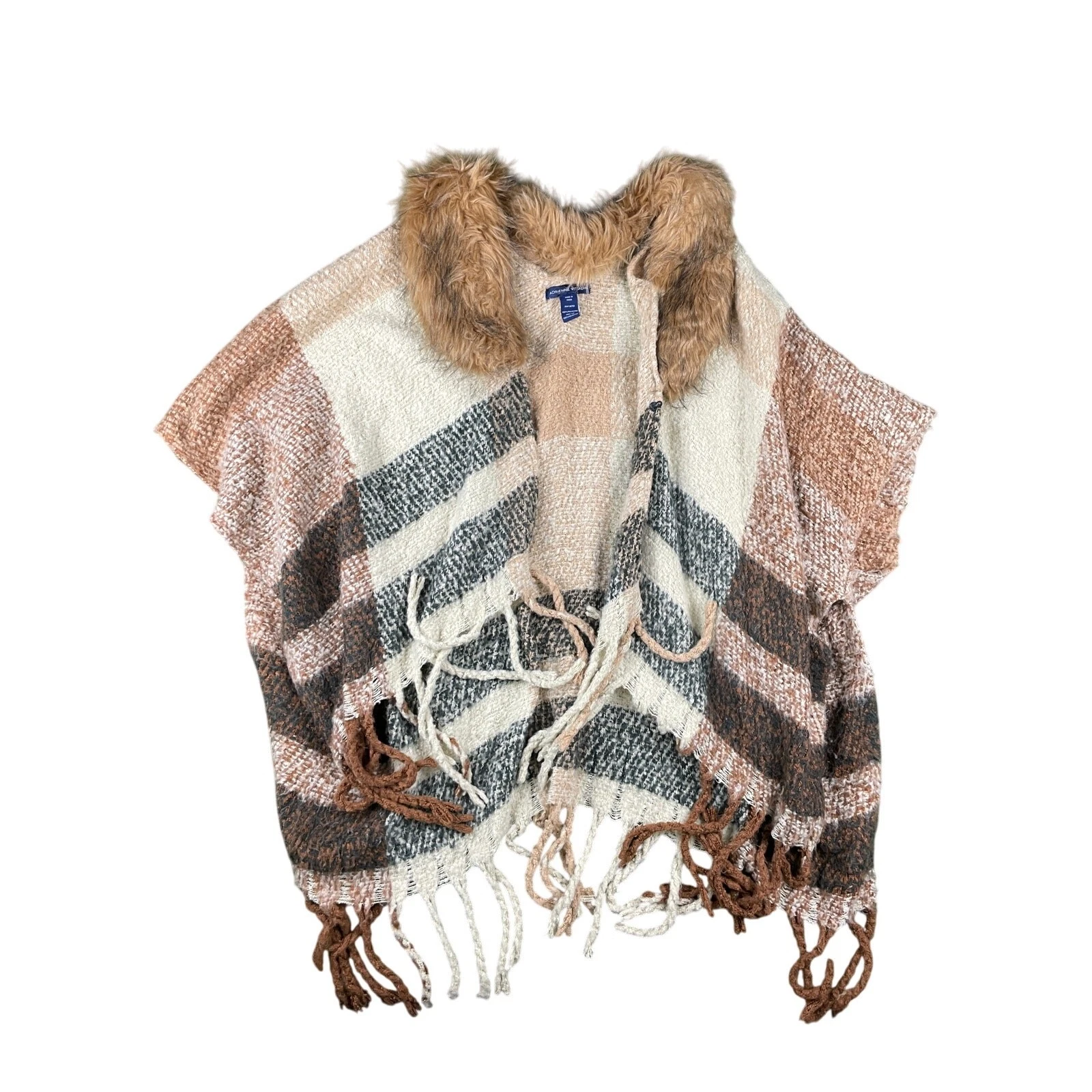 Vintage Adrienne Vittadini Brown Plaid Faux Fur Fringe Poncho Cardigan OS