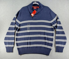 IZOD Men  s Sweater Size L Navy White Pullover Striped Knit Collared Cotton