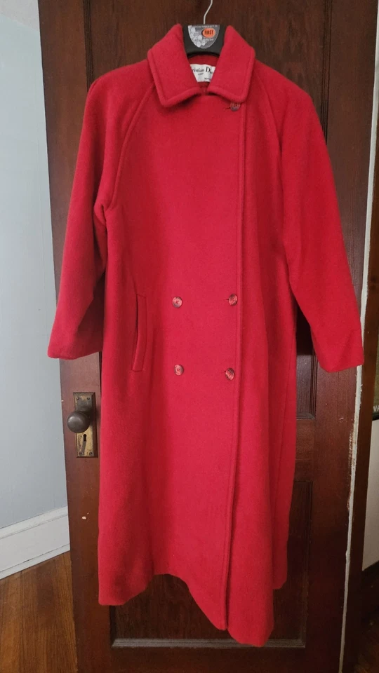 Vintage 1980s Christian Dior Long Red Coat With Belt Union Made USA Coat Sz 10 - Image 3 of 4