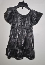 Girls Silver Solid A-Line Short Dress Flutter Short Sleeve Scoop Neck Metallic