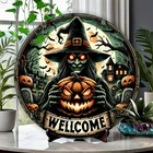 Vintage Halloween Witch Tin Metal Signs - 8x8 Round Metal Tin,  Print, Halloween