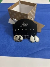 Silver Tone Earring Set 6 Pairs Stud Hoop Teardrop Hammered Disc Jasmine Lane