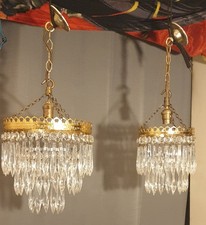 2 Vintage Matching Medium & Small Brass & Crystal Wedding Cake Chandeliers