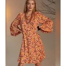 Cabi 4238 Orange Floral Button Front Balloon Sleeve Mini Dress Womens Medium