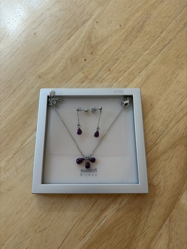 Swatch Bijoux Silver And Purple Teardrop Style Necklace And Earring Set