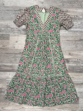 Dra Los Angeles Green Pink Floral Short Sleeve Boho Midi Dress Size Large