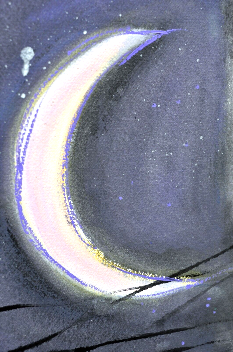 Original Artwork Painting Crescent Moon Violet Black Wood Framed