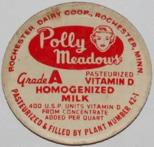 Vintage milk bottle cap POLLY MEADOWS woman pic Rochester Dairy Coop Minnesota