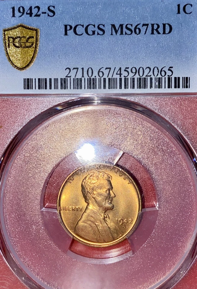 PCGS MS-67 RED!  1942-S LINCOLN CENT DOUBLED DIE OBV. #2 - Image 3 of 4